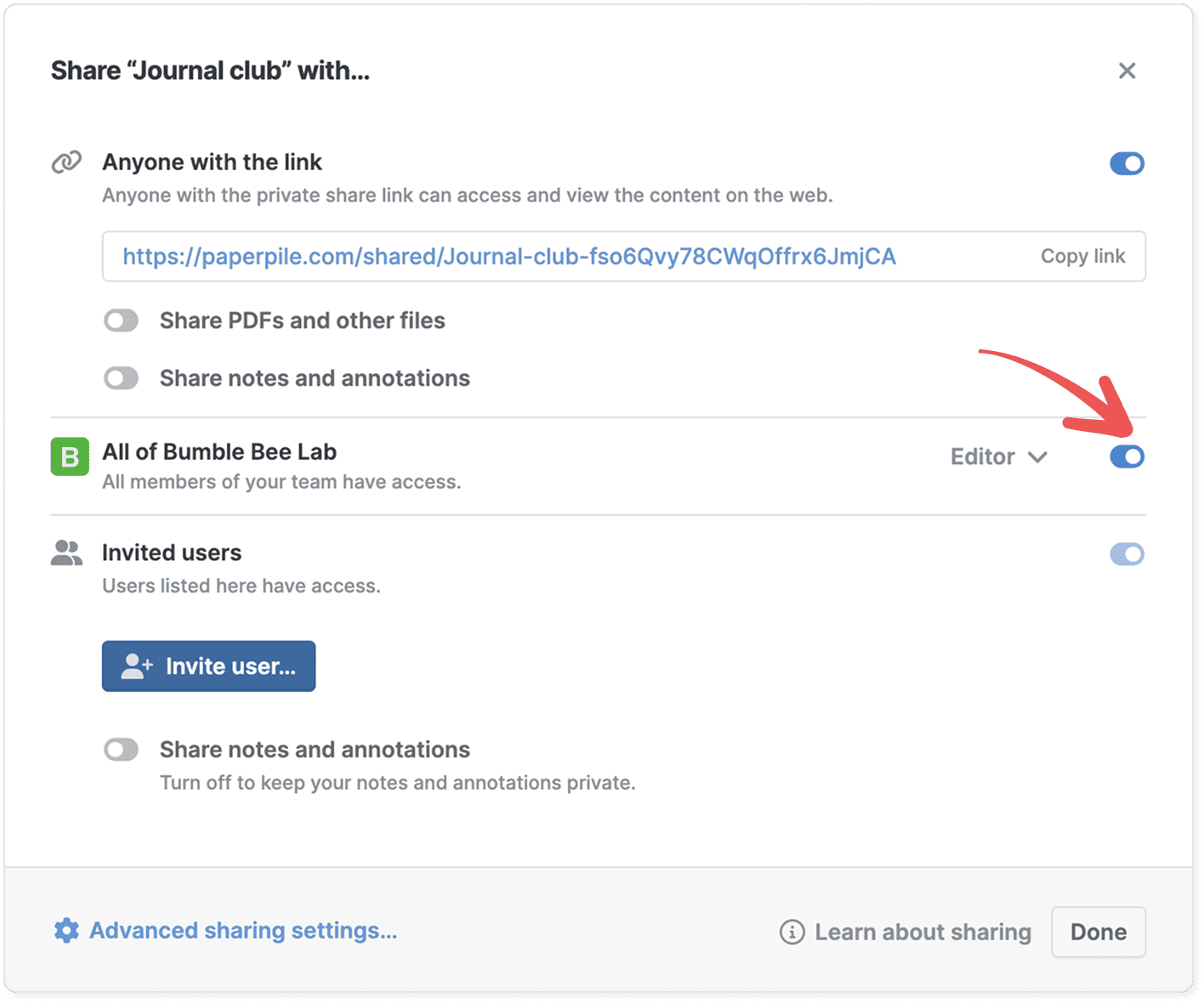 The same sharing dialog with a red arrow pointing to the “All of Bumble Bee Lab” toggle, switched on with an Editor role, giving every team member access.